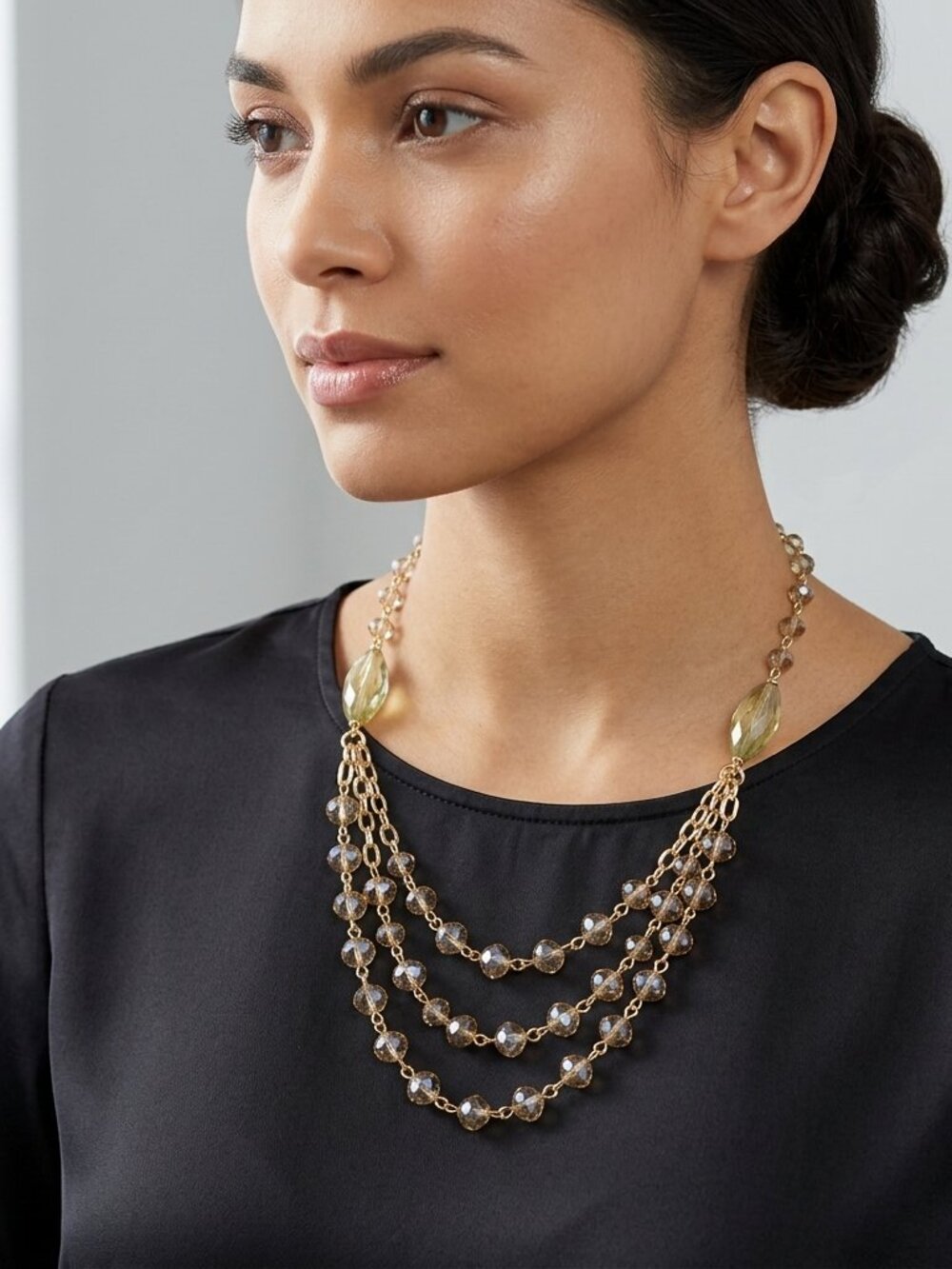 3-Row Layered Statement Necklace with Topaz-Colored Beaded Chains and Gold-Tone